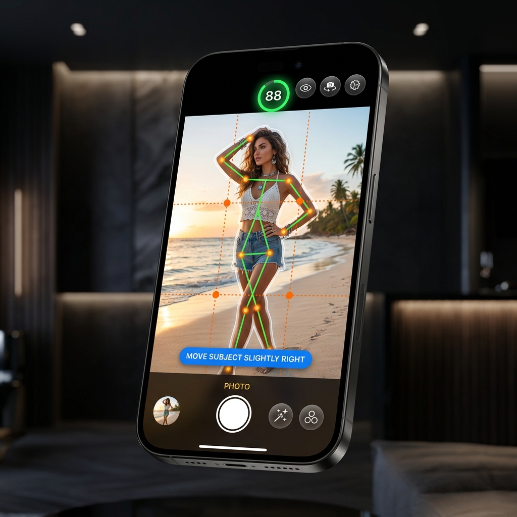 SnapStance iPhone 16 Pro Camera App UI displaying beach model pose guidance